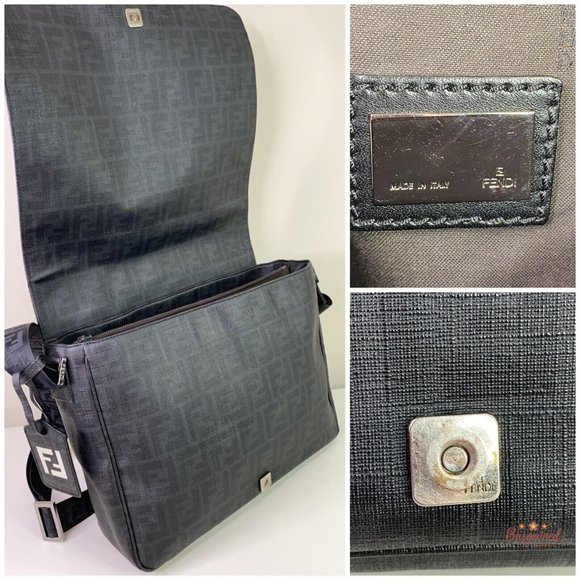 Authentic Fendi Black Zucca Print Coated Canvas Messenger Crossbody Flap Bag - Picture 9 of 13